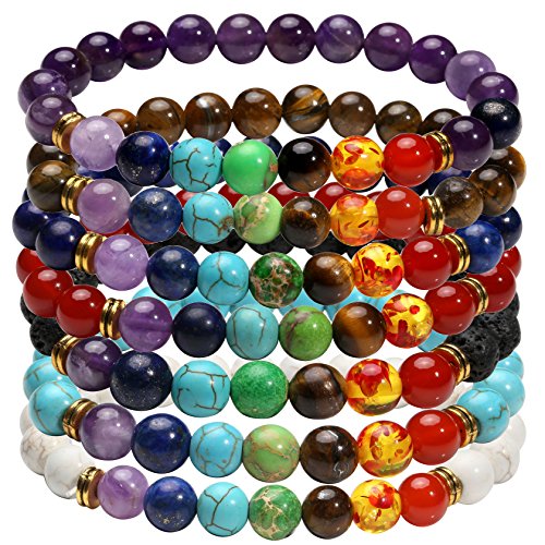 MILAKOO 7 Pcs Chakra Crystal Stone Bracelet Yoga Meditation Relax Anxiety Wristband for Women Men Gift