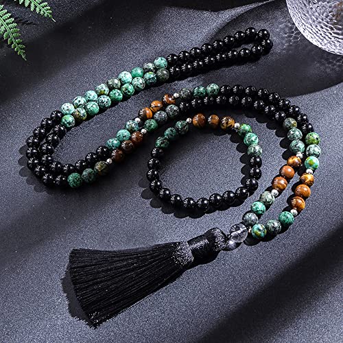 108 Mala Prayer Beads Necklace 8mm Natural Stones Meditation Yoga Jewelry Sets 108 Hand Made Japa Mala Beaded Long Tassel Necklace with Tassel Pendant for Men and Women - color: Tiger Eye+African turquoise+Black Onyx