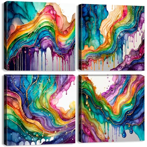 Colorful Wall Art Graffiti Rainbow Wall Decor for Living Room Abstract Fluid Lines Pictures Fantasy Watercolor Red Green Blue Liquid Canvas Prints Painting Modern Bedroom Home Decorations 12x12” 4Pcs - color: Abstract Rainbow, size: 12"L x 12"W
