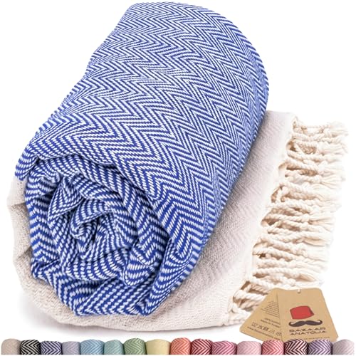 Turkish Beach Towel 100% Cotton Bath Towels 71x39 Quick Dry Sand Free Lightweight Large Oversized Herringbone Dark Blue