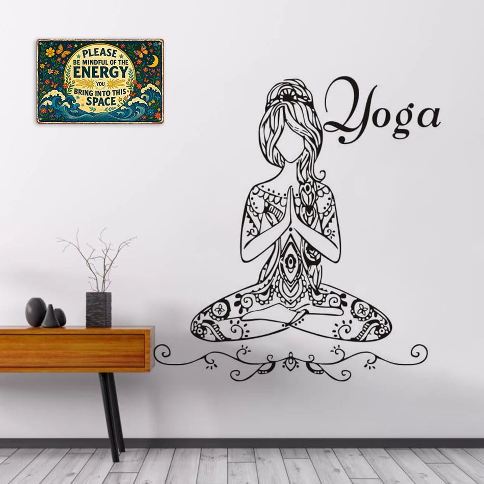 Spiritual Retro Wall Art for Meditation Room, Yoga Studio, Boho Home Garden Decor - "Please Be Mindful of the Energy You Bring" Positive Quote Metal Sign Funny Gifts 12x8 Inches (704)