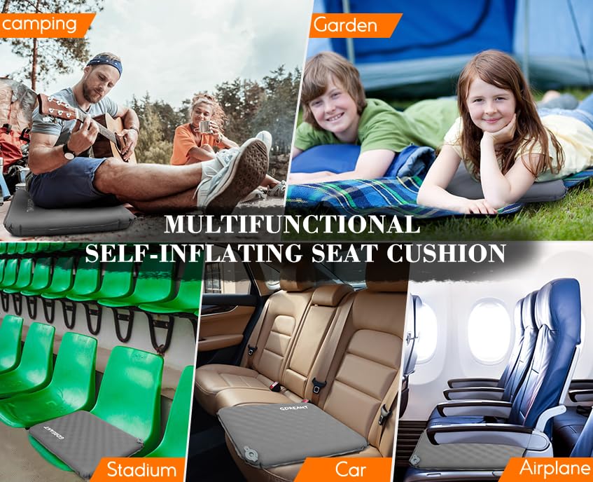 Inflatable Stadium Seat Cushion, Self-Inflating Memory Foam Airplane Seats Cushion for Long Flight Lightweight & Compact Chair Sitting Pad for Travel Camping Bleachers Office Sports Events