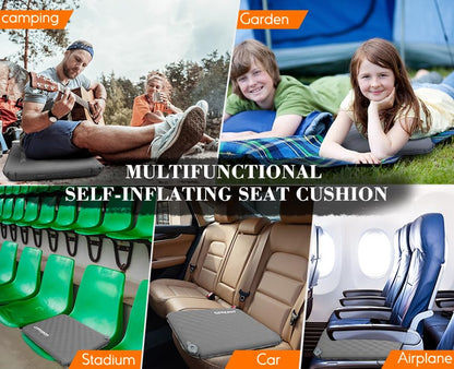 Inflatable Stadium Seat Cushion, Self-Inflating Memory Foam Airplane Seats Cushion for Long Flight Lightweight & Compact Chair Sitting Pad for Travel Camping Bleachers Office Sports Events