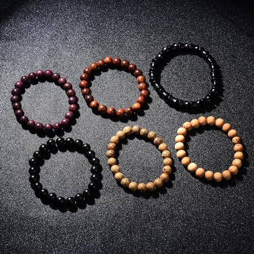Wooden Beaded Bracelet Multi-Layered Stretch Bracelet for Men and Women Elastic Bracelet 6pcs - color: A-03