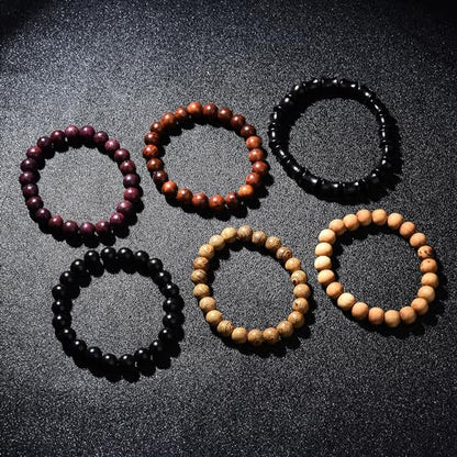 Wooden Beaded Bracelet Multi-Layered Stretch Bracelet for Men and Women Elastic Bracelet 6pcs - color: A-03