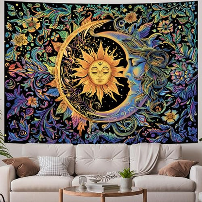Sun and Moon Tapestry Psychedelic Mystic Floral Tapestry Hippie Boho Flower Plants Wall Tapestries Vintage Aesthetic Tapestries Wall Hanging for Bedroom