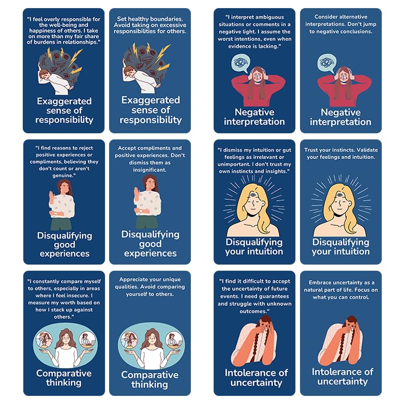 Cognitive Distortion Flashcards, 50 Cards for Mental Health and Thought Pattern Recognition, Blue