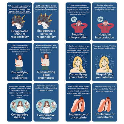 Cognitive Distortion Flashcards, 50 Cards for Mental Health and Thought Pattern Recognition, Blue