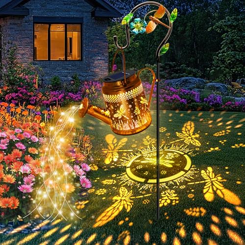 Solar Lights Outdoor Garden Decor, Dragonfly Hanging Watering Can Landscape Lights Waterproof Yard Decorations for Outside Porch Patio Backyard, Gardening Gift for Mom Grandma Women Birthday - style: Dragonfly