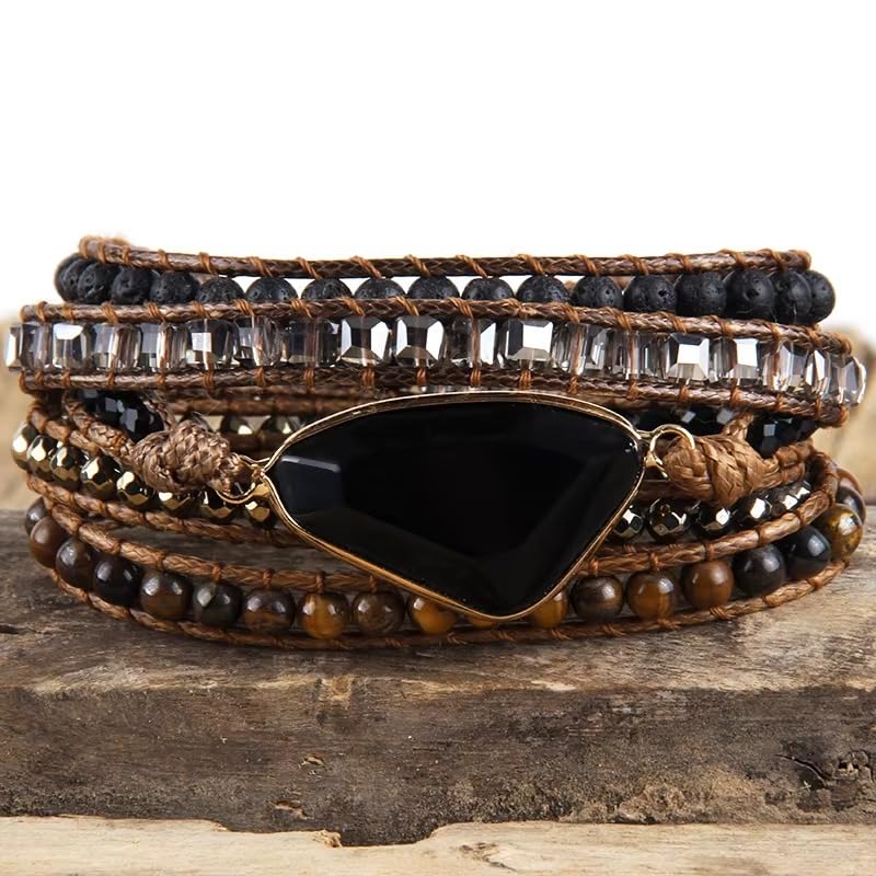 Boho Wrap Bracelet for Women, Handmade Natural Imperial Jasper Multi-Layer Stone Beaded Bracelet, Bohemian Healing Crystal Stone Jewelry Gifts - color: Obsidian