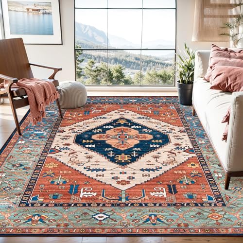 Lahome 8 x 10 Area Rugs for Living Room Boho Washable Non-Slip Backing Large Rug Ultra-Thin Stain Resistant Dining Room Rugs for Under Table, Oriental Print Rugs for Bedroom Adelyn (Rust, 8'x10')
