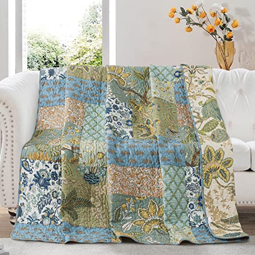 NEWLAKE Cotton Quilted Throw Blanket for Bed Couch Sofa, Reversible Patchwork Matelasse Blanket with Real Stitched Embroidery, Bohemian Floral Pattern, 60X78 Inch - color: Bohemian Floral