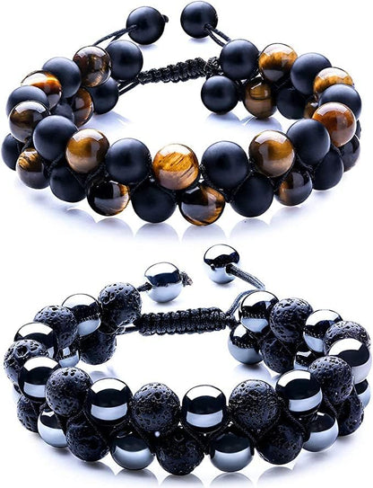 WFJ Black Obsidian Hematite Triple Protection Bracelets Set - Tiger Eye Beaded Natural Stone Bracelet for Men Women Gemstone (10MM) - color: 2PCS Double Set