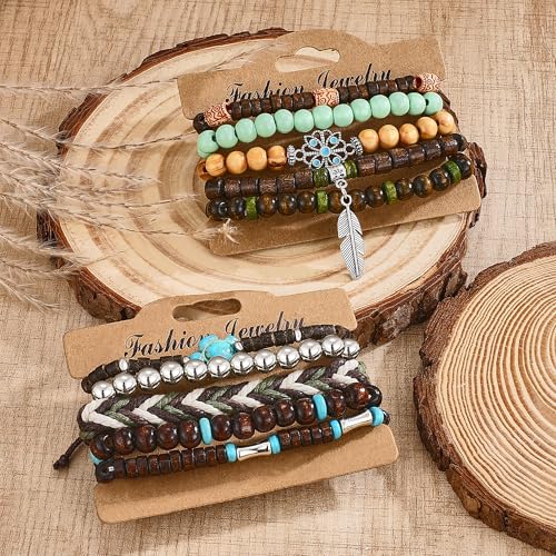 31 Pcs Wooden Beads Bracelets Set for Women Men Multi-Layered Wood Metal Wristbands Elastic Stretch Bohemian Bangle Bracelet Stack Adjustable