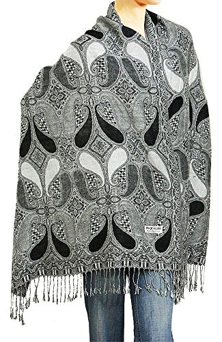 Falari Women's Reversible Paisley Pashmina Shawl Wrap Scarf For Evening Dresses Festivals Any Occasions All Seasons 80"x27" - color: Style 2 - Black Grey White