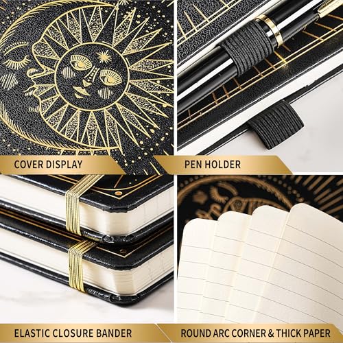 Artfan Ruled Notebook/Journal – Premium Thick Paper Classic Writing Notebook with Pocket + Page Dividers Gifts, Banded, Large, 128 Pages, Hard Cover, Lined (5.3" x 8.26") - Sun and Moon - color: BLACK17