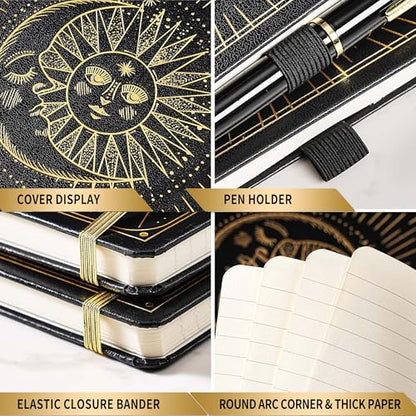 Artfan Ruled Notebook/Journal – Premium Thick Paper Classic Writing Notebook with Pocket + Page Dividers Gifts, Banded, Large, 128 Pages, Hard Cover, Lined (5.3" x 8.26") - Sun and Moon - color: BLACK17