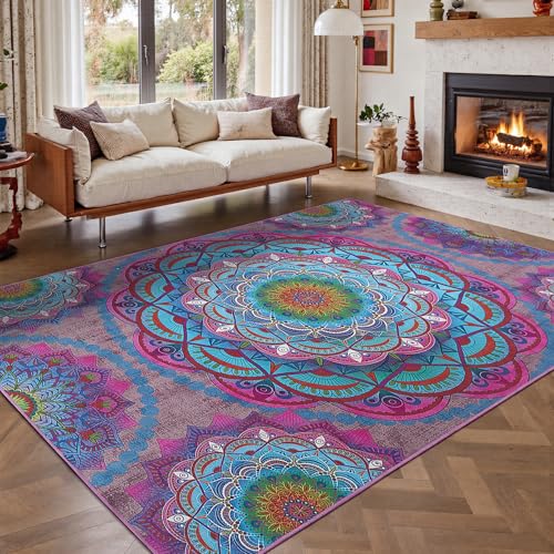 Meditation Indoor Outdoor Rug 4x6 ft Mandala Pattern Rug Boho Style,Yoga Meditation Mat Picnic Rug for Patio Living Room Porch Garden Deck Backyard Easy to Clean Non Shedding Non-Slip