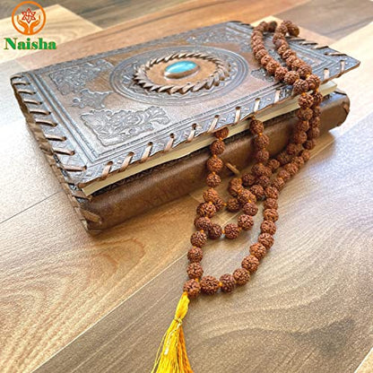 NAISHA Rudraksha Stretchable Bracelet & Rudraksha Mala 108+1 Beads Necklace 5 mukhi Paanch mukhi 5 face, Prayer Beads, Wrist Mala Wrap, Jaap Mala, Bracelet Bead Size 7 mm (Pack of 2)
