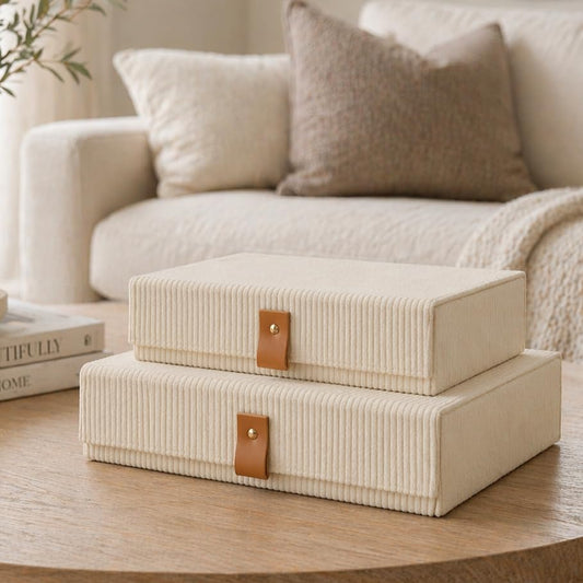 cherish & dwell Beautiful Cozy Corduroy Decorative Storage Boxes with Lids – Set of 2 Keepsake Boxes for Photos, Documents and Home Decor Accents - Giftable Memory Boxes for Mom