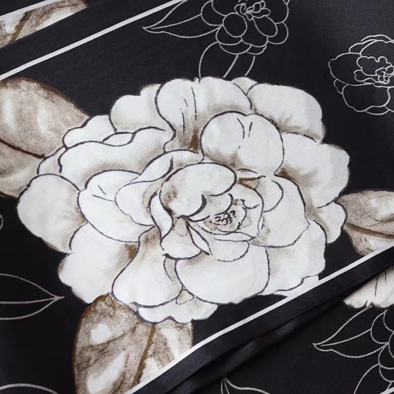 100% Silk Scarf for Women 59”*6.3” Long Shawls for Headscarf and Neck- Oblong Hair Wraps with Gift Packed - color: Black&white Camellia Flowers