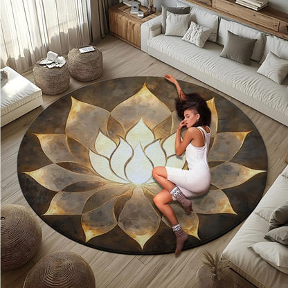 Golden Lotus Round Rug Flannel Meditation Yoga Mat Indoor Living Room Decor Rug for Meditation, Game & Outdoor Portable Seat Cushion (120 * 120cm/47.2 * 47.2inch)