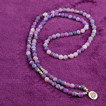 8mm 108 Mala Beads Wrap Bracelet Necklace for Yoga Charm Bracelet Natural Gemstone Jewelry for Women Men - color: Purple Weathered Stone