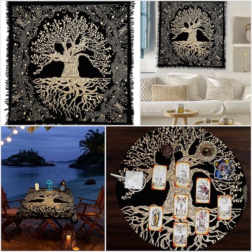 Indian Consigners Tree of Life Altar Cloth Tapestry Tablecloth Celtic Trees Ritual Spiritual Cloth for Sacred Places, Cotton Square Tarot Table Cover 24 by 24 Sacred - color: Golden Trunk Tree, size: 24" x 24" (Square)