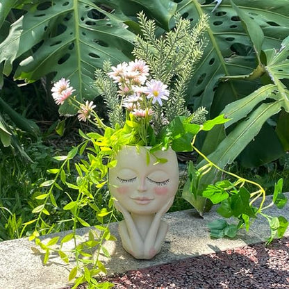 Head Planter Pot for Plants - Face Flower Pots Indoor Outdoor, Cute Succulent Head Planter, Creative Plant Pots With Drainage, Resin Cactus Planter Coffee Table Decor, Women/Mother Vase Gifts Ideas - size: Medium, style: Shy Flower Pot