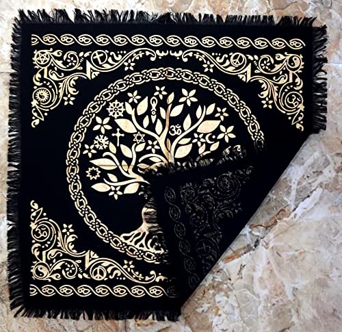 INDACORIFY Tree of Life Altar Table Top Cloth with Fringes Alter Tarot Witchcraft Spread Witchery Supplies Sacred Cloth 18x18 in (Gold Tree of Life) - color: Gold Tree of Life