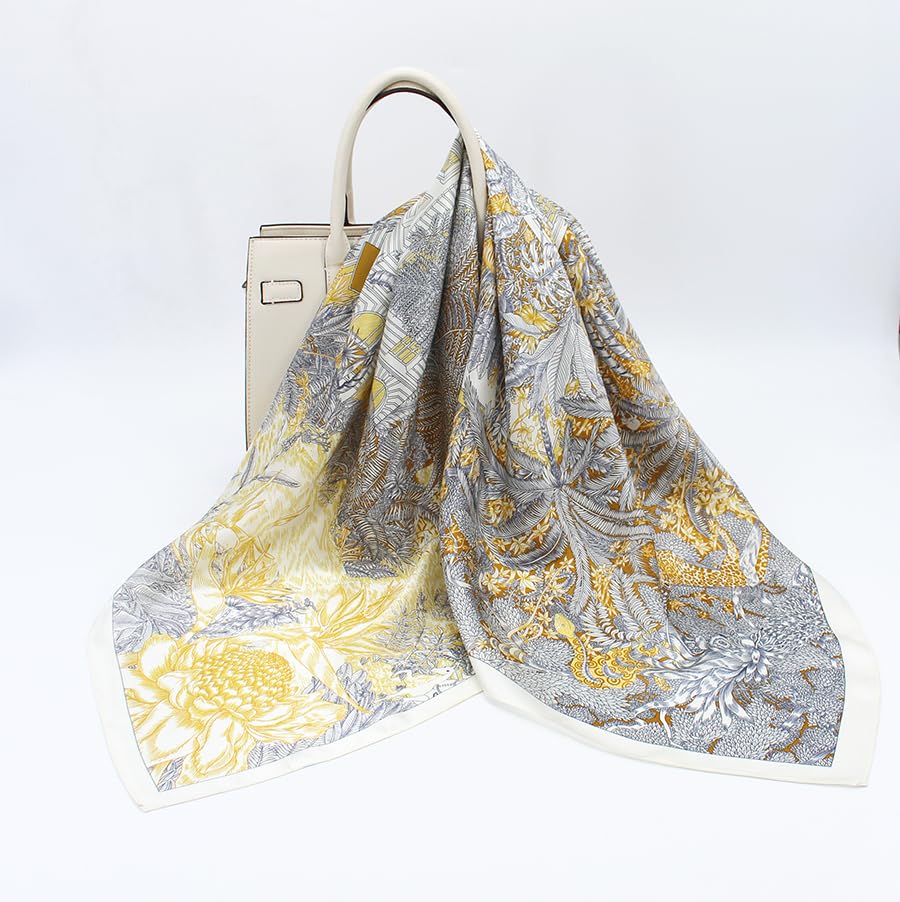 ANDANTINO 100% Pure Mulberry Silk Scarf 35" Large Square Lightweight Headscarf –Women’s Hair Wraps-With Gift Packed - color: Forest-creamy White
