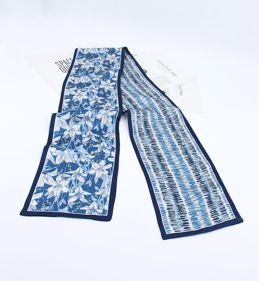 100% Silk Scarf for Women 59”*6.3” Long Shawls for Headscarf and Neck- Oblong Hair Wraps with Gift Packed - color: Blue&white Lilies