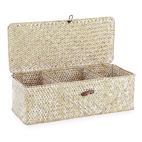 Hipiwe Seagrass Storage Basket Bin 3 Sections Hand-Woven Wicker Baskets with Lid Bathroom Basket Toilet Tank Baskets Holder for Organize Snack Tissue, Whitewash - color: Whitewash, size: Medium