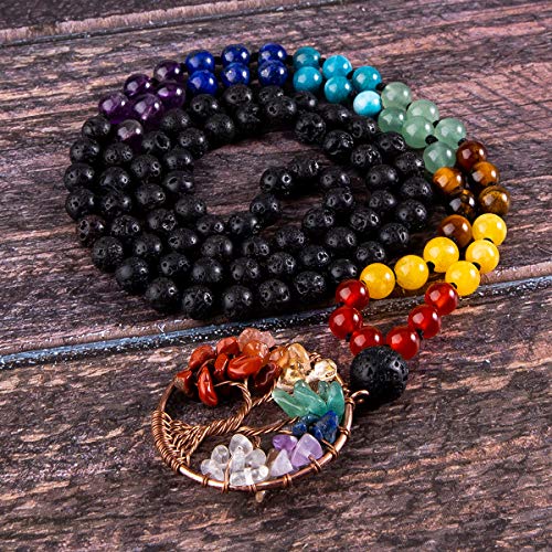 Bivei 108 Mala Beads Necklace Life Tree 7 Chakra Wrap Bracelet Real Healing Gemstone Yoga Meditation Hand Knotted Mala Prayer Bead Necklace - color: Lava Rock Stone, size: 6mm