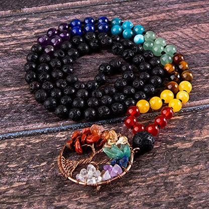 Bivei 108 Mala Beads Necklace Life Tree 7 Chakra Wrap Bracelet Real Healing Gemstone Yoga Meditation Hand Knotted Mala Prayer Bead Necklace - color: Lava Rock Stone, size: 6mm