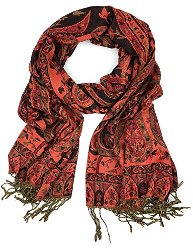 Plum Feathers Tapestry Ethnic Paisley Pattern Pashmina Shawl Scarf, Womens Pashmina Shawl Wrap with Fringes - color: Black-red Tapestry
