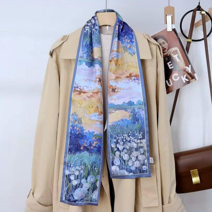 ANDANTINO 100% Silk Scarf for Women 59”*6.3” Long Shawls for Headscarf and Neck- Oblong Hair Wraps with Gift Packed - color: Oil Painting-blue