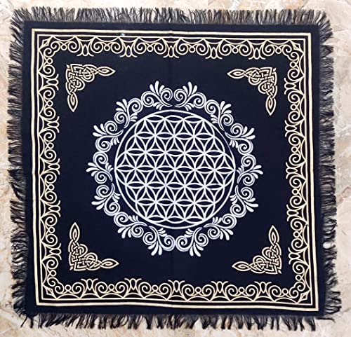 INDACORIFY Flower of Life Altar Table Top Cloth with Fringes Alter Tarot Witchcraft Spread Spiritual Sacred Cloth 18x18 in (Gold & Silver Flower of Life) - color: Gold & Silver Flower of Life