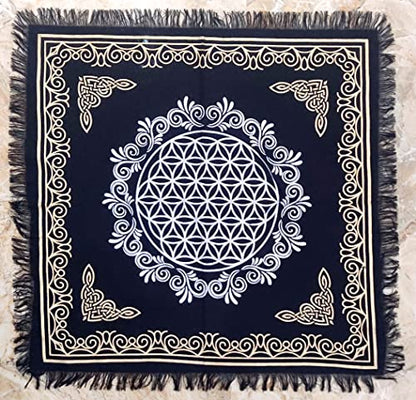 INDACORIFY Flower of Life Altar Table Top Cloth with Fringes Alter Tarot Witchcraft Spread Spiritual Sacred Cloth 18x18 in (Gold & Silver Flower of Life) - color: Gold & Silver Flower of Life