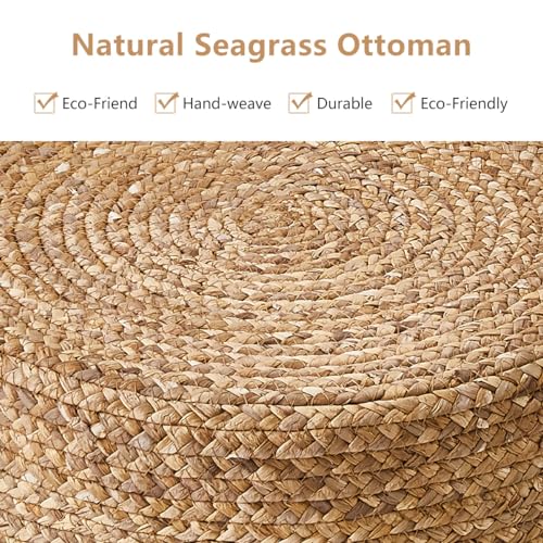Ottoman Natural Seagrass Foot Rest Stool Hand Weave Round Foot Stool Pouf Boho Vanity Stools with Non-Skid Mat for Living Room Bedroom Hallway - color: Mix White-1