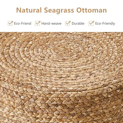 Ottoman Natural Seagrass Foot Rest Stool Hand Weave Round Foot Stool Pouf Boho Vanity Stools with Non-Skid Mat for Living Room Bedroom Hallway - color: Mix White-1