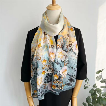 100% Mulberry Silk Long Scarf for Women Large Shawls for Headscarf and Neck- Oblong Hair Wraps with Gift Packed - color: Gold&blue