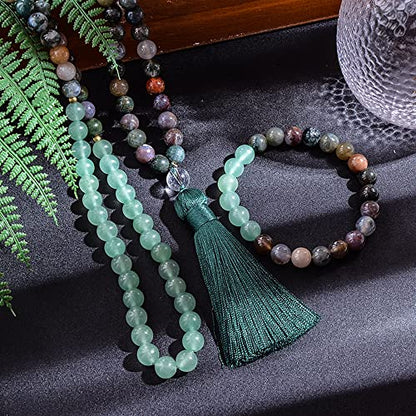 108 Mala Prayer Beads Necklace 8mm Natural Stones Meditation Yoga Jewelry Sets 108 Hand Made Japa Mala Beaded Long Tassel Necklace with Tassel Pendant for Men and Women - color: Indian agate + Green aventurine