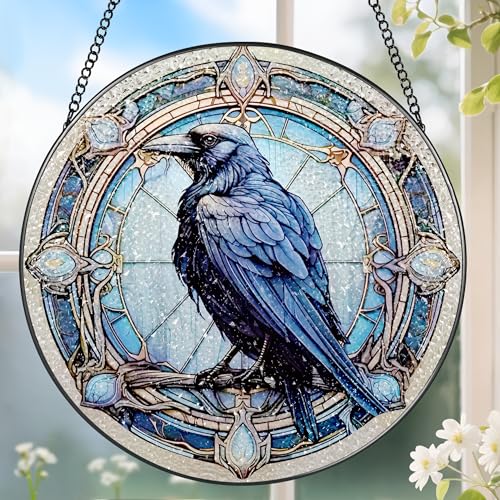 8 Inch Stained Glass Suncatcher Ornament, DOUHASU Crow Sun Catchers Indoor Window, Stained Glass Window Hanging, Home Decor, Bird Lovers Gifts for Women, Men - color: Crow