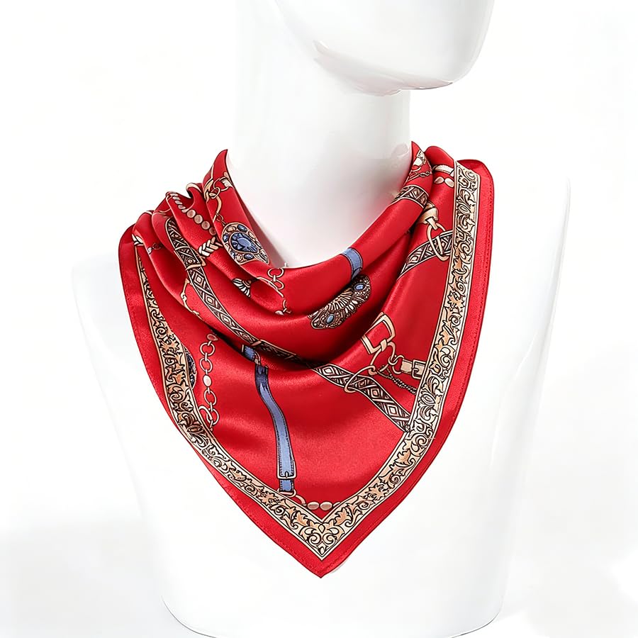 ANDANTINO 100% Mulberry Silk Scarf -21” Lightweight Square Neckerchief – Breathable Digital Printed Scarves with Gift Packed - color: Chains-gold&red