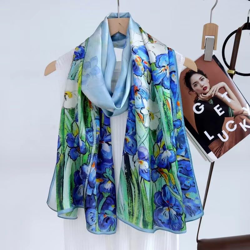 100% Mulberry Silk Long Scarf for Women Large Shawls for Headscarf and Neck- Oblong Hair Wraps with Gift Packed - color: Oil Painting-irises