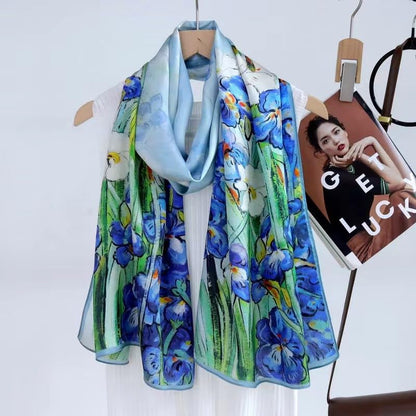 100% Mulberry Silk Long Scarf for Women Large Shawls for Headscarf and Neck- Oblong Hair Wraps with Gift Packed - color: Oil Painting-irises