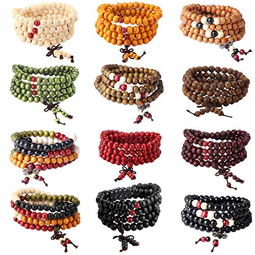 12Pcs 108 Mala Bead Bracelets 8MM Buddhist Prayer Strand Sandalwood Wood Beaded Bracelet Necklace Elastic Handmade Multilayer Tibetan Buddha Link Wrist Bracelets Meditation Necklace Chain
