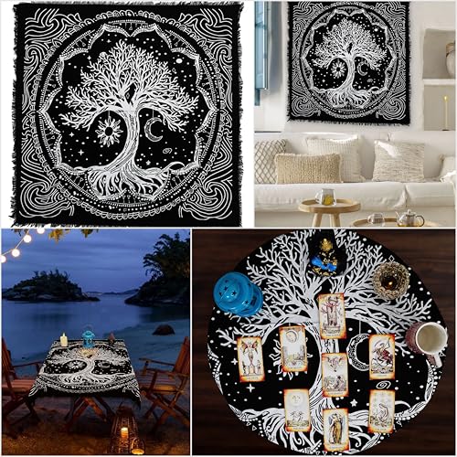 Indian Consigners Tree of Life Altar Cloth Tapestry Tablecloth Celtic Trees Ritual Spiritual Cloth for Sacred Places, Cotton Square Tarot Table Cover 24 by 24 Sacred - color: Silver Sun Moon Tree, size: 24" x 24" (Square)