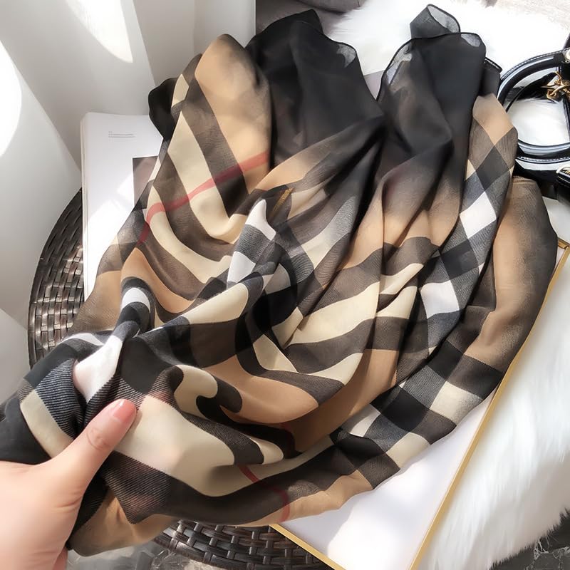 Soft Silky Pashmina Shawl Wrap for Women,Lightweight Spring, Elegant Wrap for Spring Wedding & Travel - color: Coffee Grid